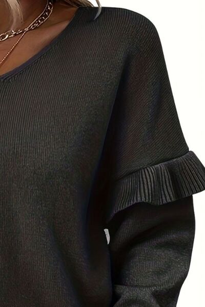 V-Neck Ruffle Trim Long Sleeve Sweater - Charming Charlie