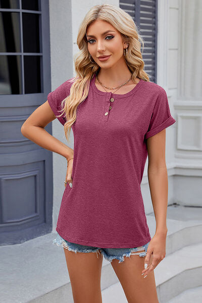 Round Neck Rolled Short Sleeve T-Shirt - Charming Charlie