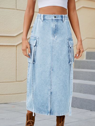 Slit Pocketed High Waist Denim Skirt - Charming Charlie