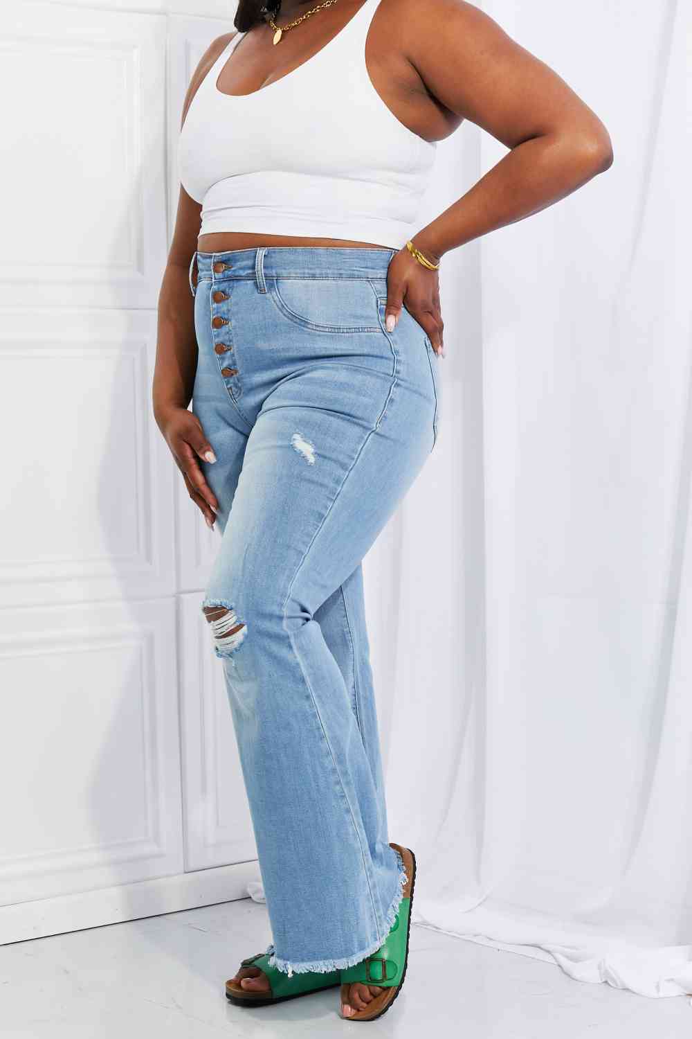 Vibrant MIU Full Size Jess Button Flare Jeans - Charming Charlie