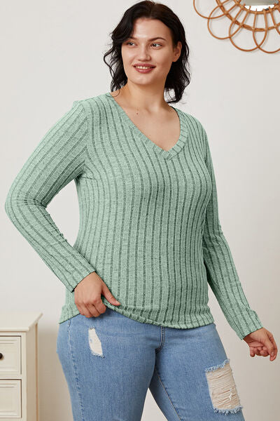 Basic Bae Full Size Ribbed V-Neck Long Sleeve T-Shirt - Charming Charlie