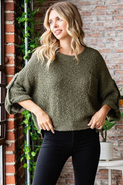Veveret Round Neck Roll-Up Sweater - Charming Charlie