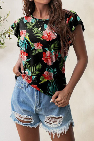Printed Round Neck Short Sleeve T-Shirt - Charming Charlie