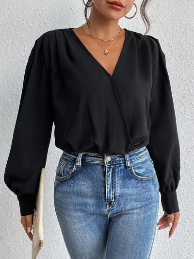 Surplice Ruched Long Sleeve Bodysuit - Charming Charlie