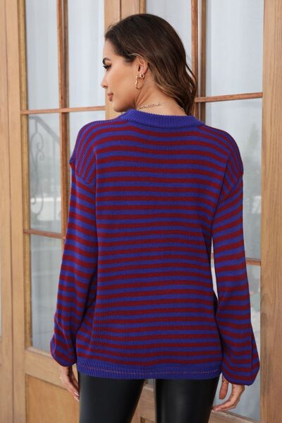 Striped Round Neck Dropped Shoulder Sweater - Charming Charlie