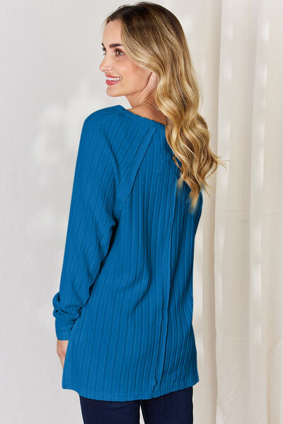 Basic Bae Full Size Ribbed Round Neck Slit T-Shirt - Charming Charlie