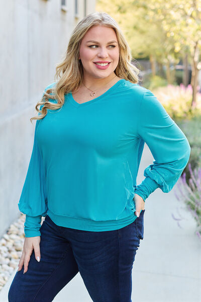 Basic Bae Full Size V-Neck Lantern Sleeve Blouse - Charming Charlie