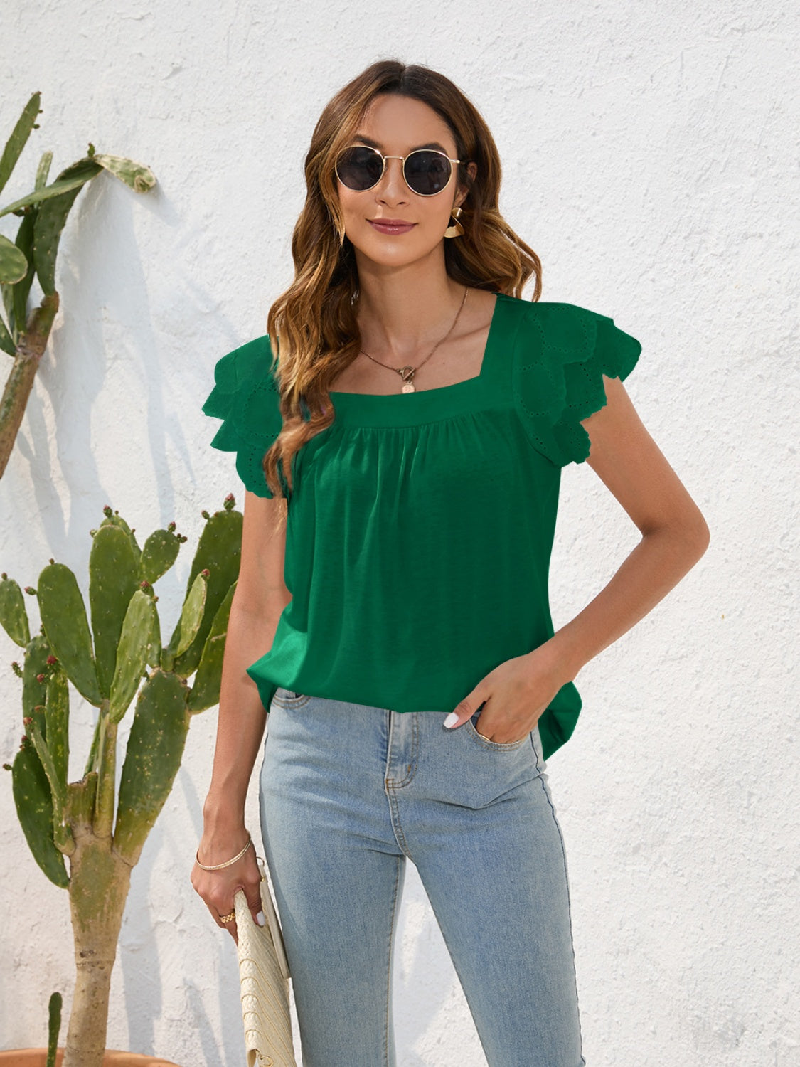 Ruffled Square Neck Cap Sleeve Blouse - Charming Charlie