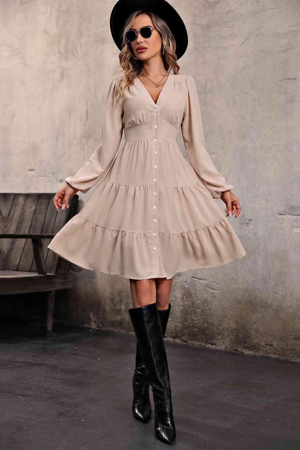 V Neck Button Up Tiered Dress - Charming Charlie