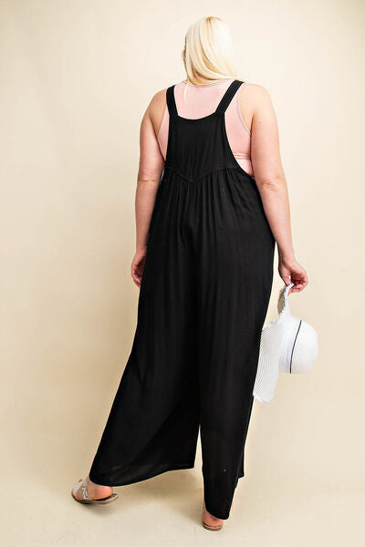 Kori America Full Size Sleeveless Ruched Wide Leg Overalls - Charming Charlie