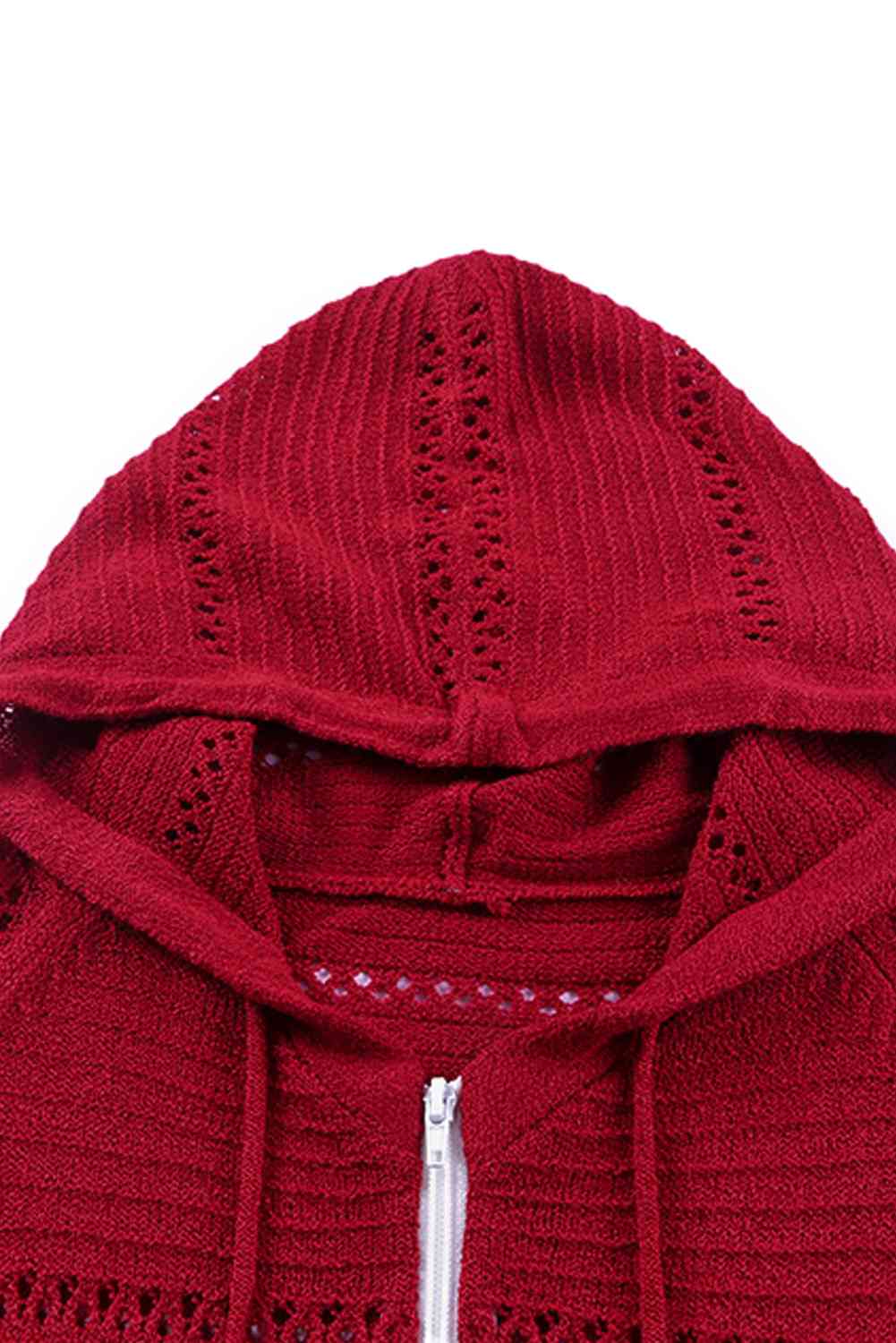 Zip-Up Raglan Sleeve Openwork Hooded Cardigan - Charming Charlie