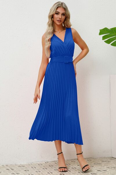 Surplice Sleeveless Midi Pleated Dress - Charming Charlie