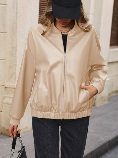 Zip Up Baseball Collar Dropped Shoulder Jacket - Charming Charlie