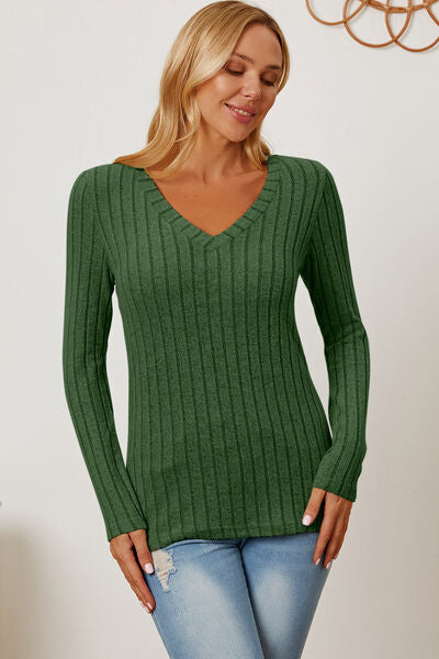 Basic Bae Full Size Ribbed V-Neck Long Sleeve T-Shirt - Charming Charlie