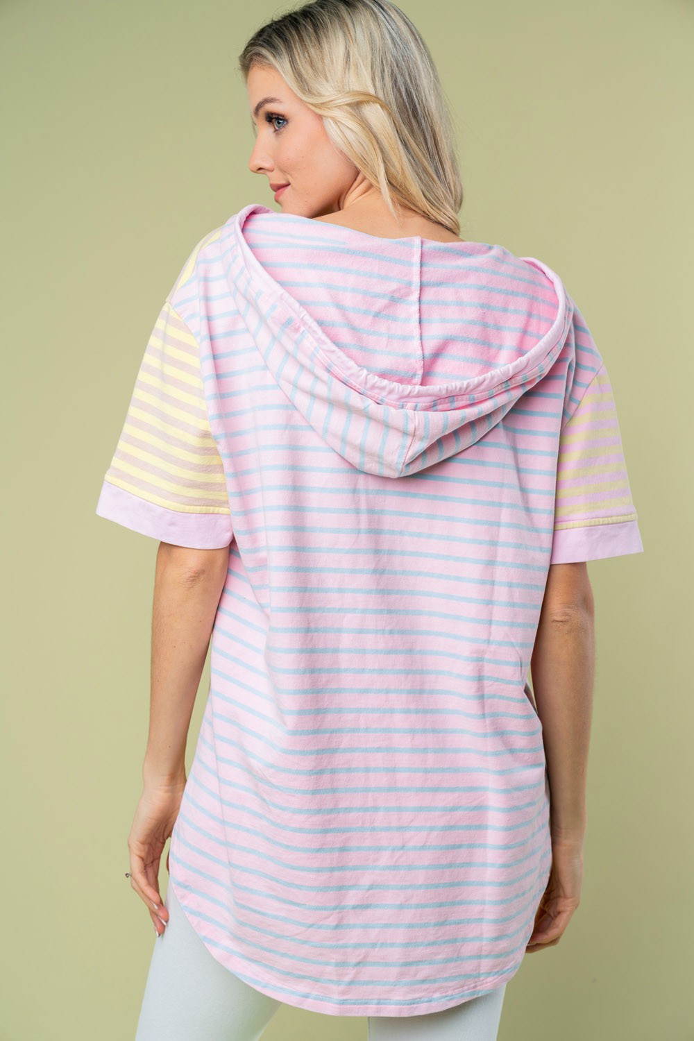 White Birch Full Size Striped Short Sleeve Drawstring Hooded Top - Charming Charlie