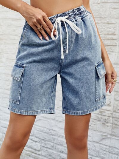 Drawstring Denim Shorts with Pockets - Charming Charlie
