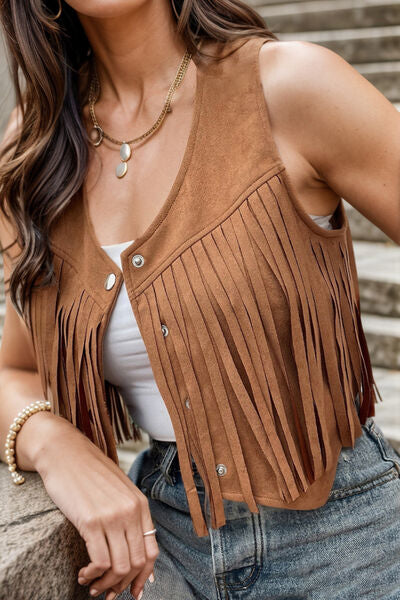 Fringe Snap Down Vest Coat - Charming Charlie