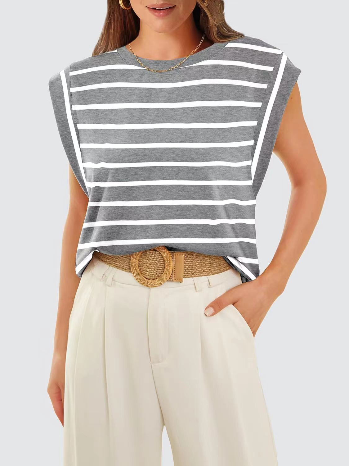 Striped Round Neck Cap Sleeve T-Shirt - Charming Charlie