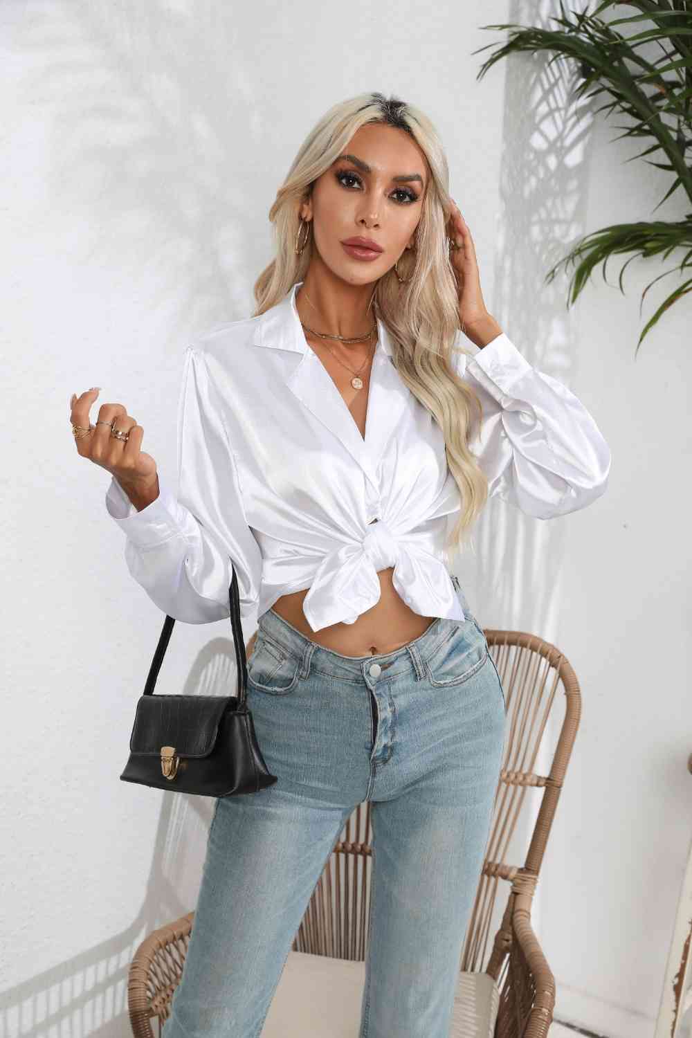 Lapel Collar Button Up Long Sleeve Shirt - Charming Charlie