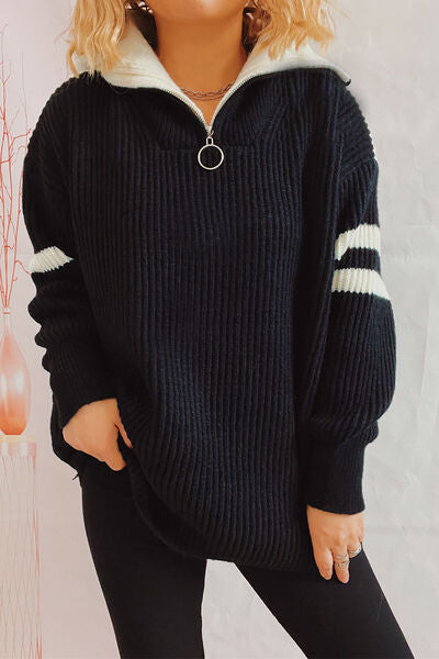 Quarter Zip Striped Dropped Shoulder Sweater - Charming Charlie