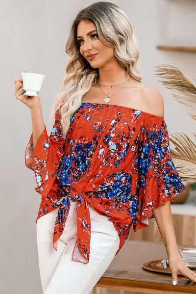 Tied Printed Off-Shoulder Half Sleeve Blouse - Charming Charlie