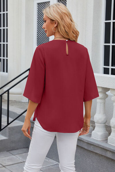 Round Neck Slit Half Sleeve Top - Charming Charlie