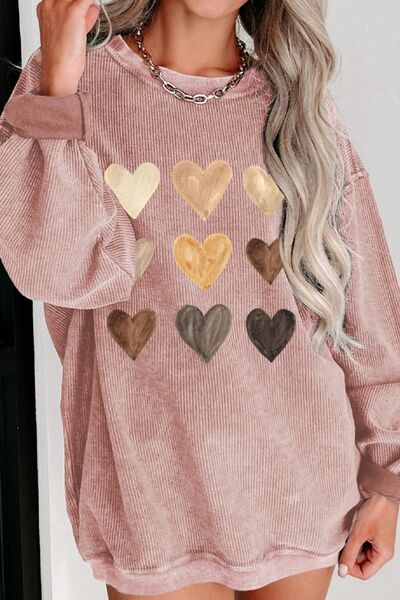 Heart Round Neck Dropped Shoulder Sweatshirt - Charming Charlie