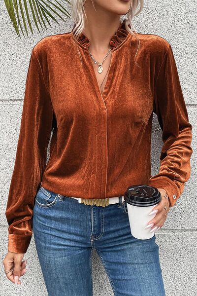 Notched Frill Detail Long Sleeve Blouse - Charming Charlie