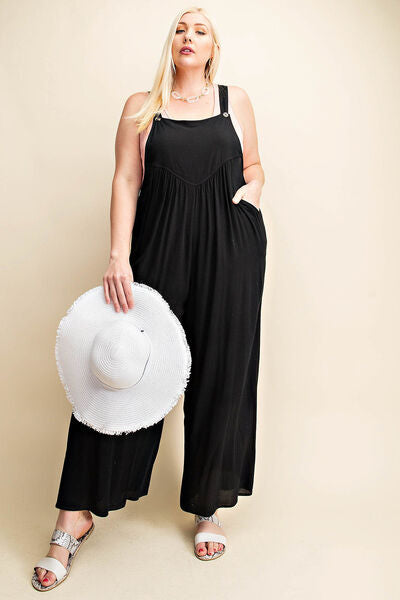 Kori America Full Size Sleeveless Ruched Wide Leg Overalls - Charming Charlie