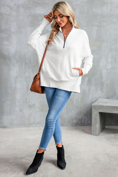 Half Zip Pocketed Dropped Shoulder Sweatshirt - Charming Charlie