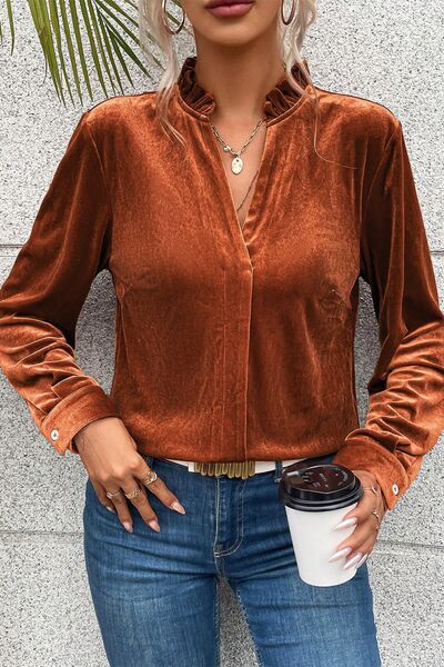 Notched Frill Detail Long Sleeve Blouse - Charming Charlie