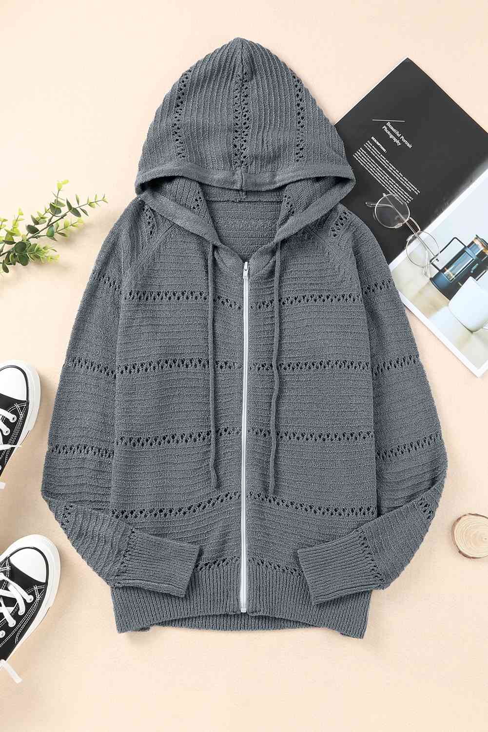 Zip-Up Raglan Sleeve Openwork Hooded Cardigan - Charming Charlie