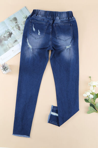 Drawstring Distressed Raw Hem Jeans with Pockets - Charming Charlie