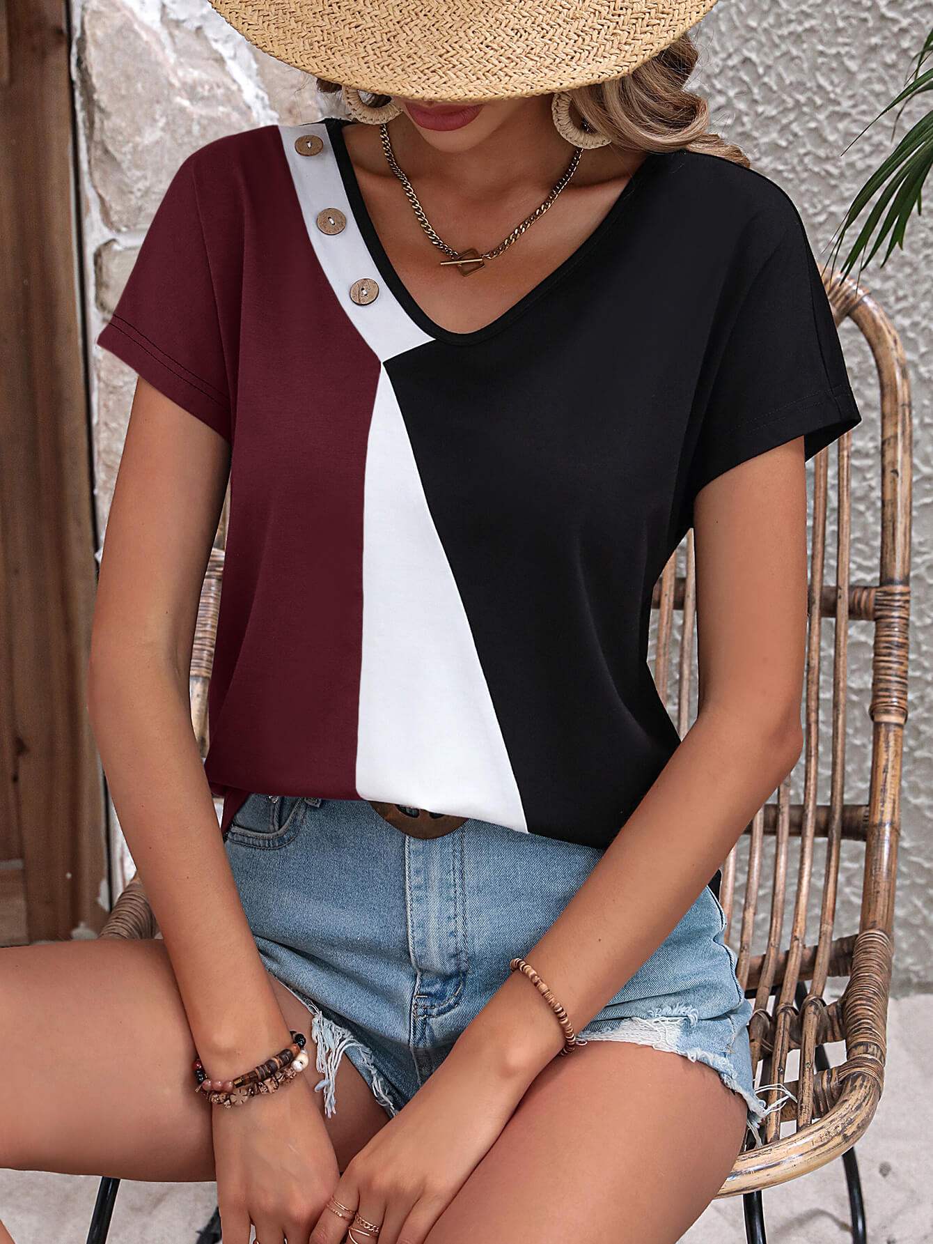 Color Block Decorative Button V-Neck Tee - Charming Charlie