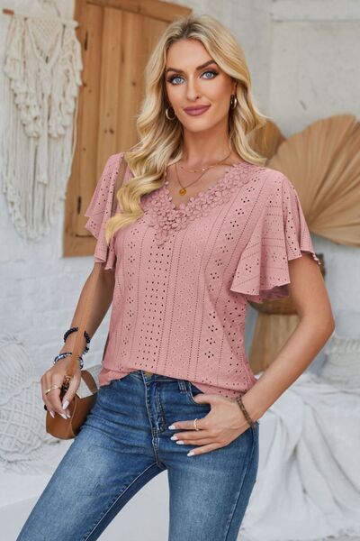 Eyelet Applique V-Neck Cap Sleeve T-Shirt - Charming Charlie