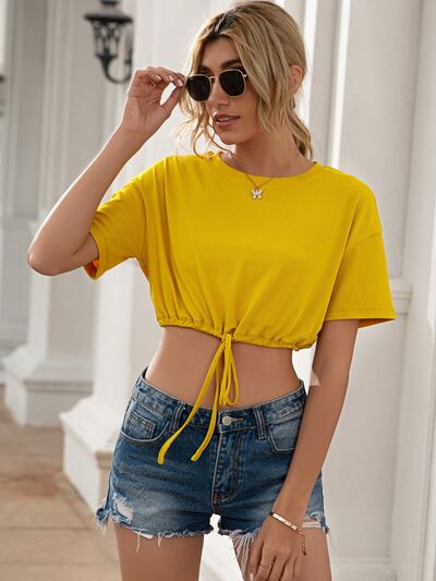 Drawstring Round Neck Short Sleeve T-Shirt - Charming Charlie