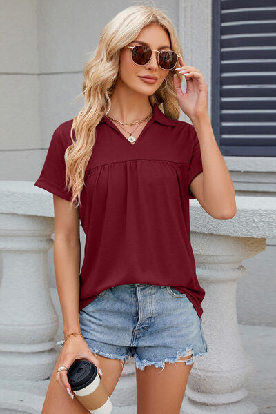 Ruched Johnny Collar Short Sleeve Blouse - Charming Charlie