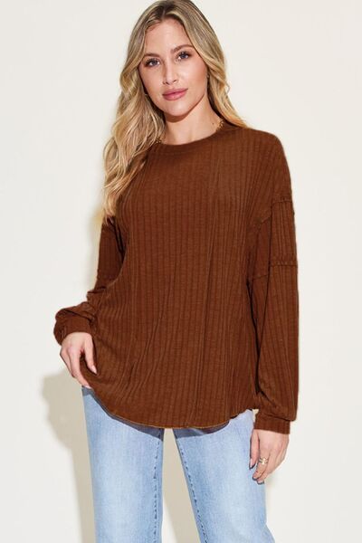 Basic Bae Full Size Ribbed Round Neck Long Sleeve T-Shirt - Charming Charlie