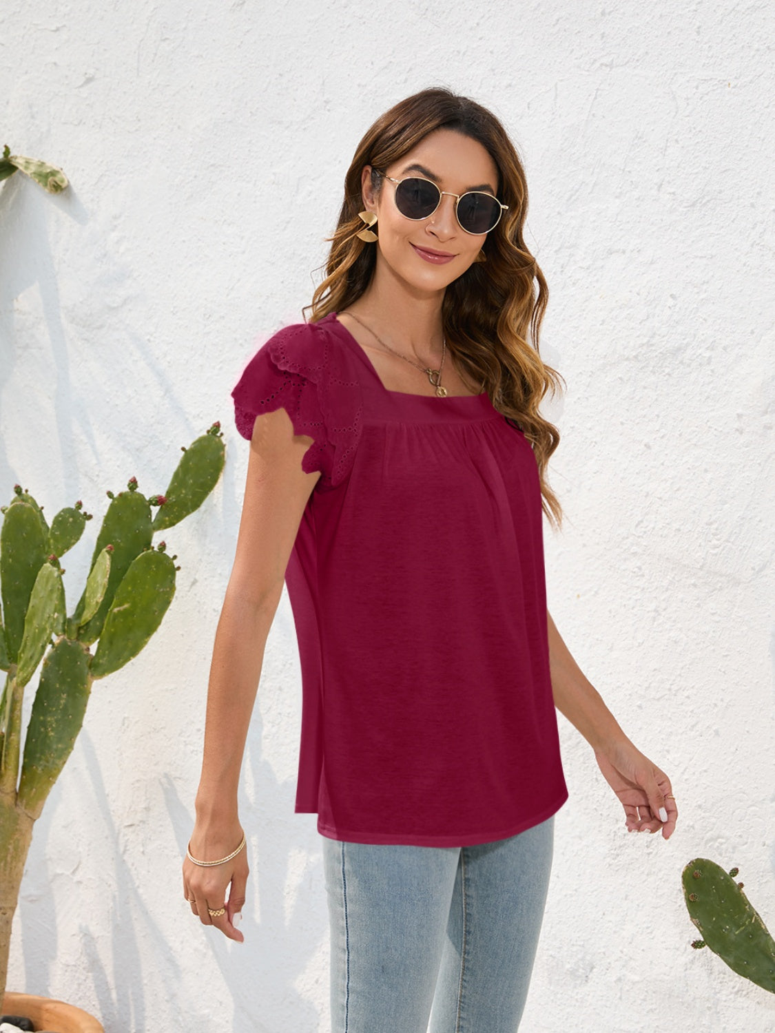 Ruffled Square Neck Cap Sleeve Blouse - Charming Charlie