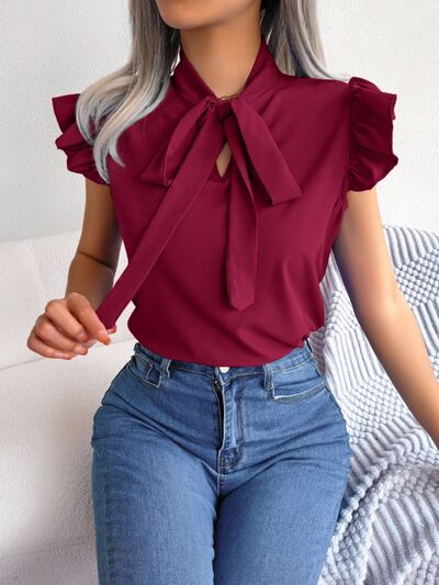 Tie Neck Cap Sleeve Blouse - Charming Charlie