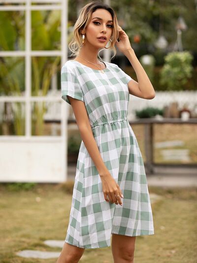 Smocked Plaid Round Neck Short Sleeve Dress - Charming Charlie