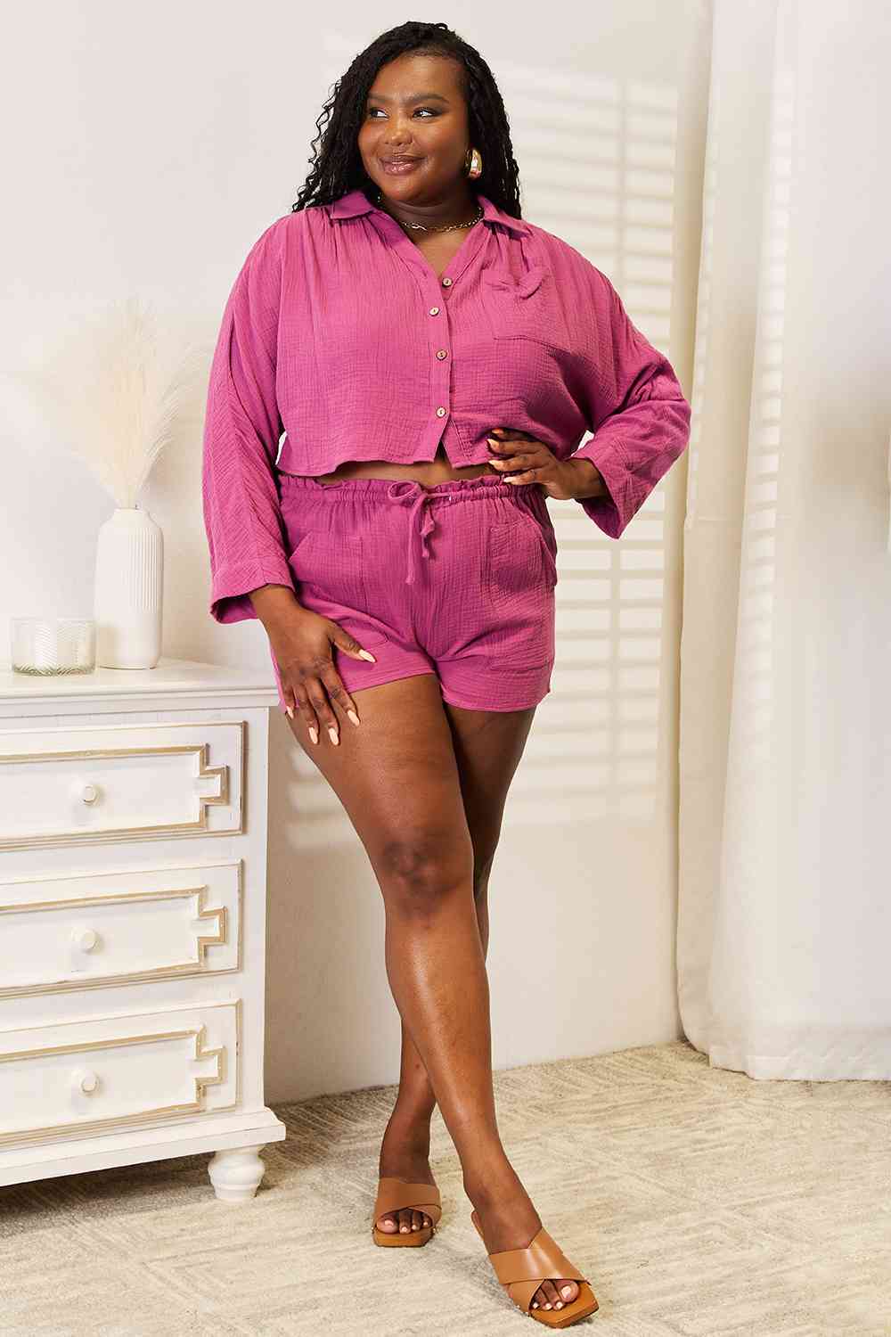 Basic Bae Buttoned Long Sleeve Top and Shorts Set - Charming Charlie