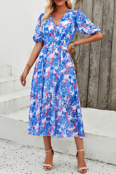 Smocked Printed V-Neck Short Sleeve Dress - Charming Charlie