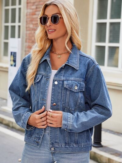 Pocketed Collared Neck Denim Jacket - Charming Charlie
