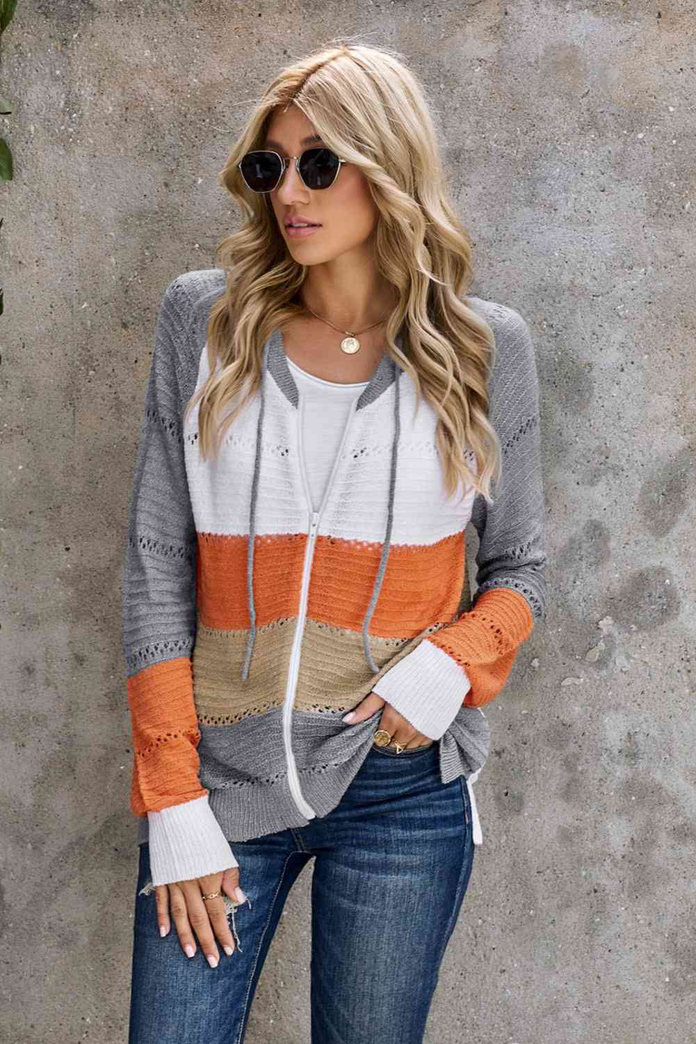 Zip-Up Raglan Sleeve Openwork Hooded Cardigan - Charming Charlie