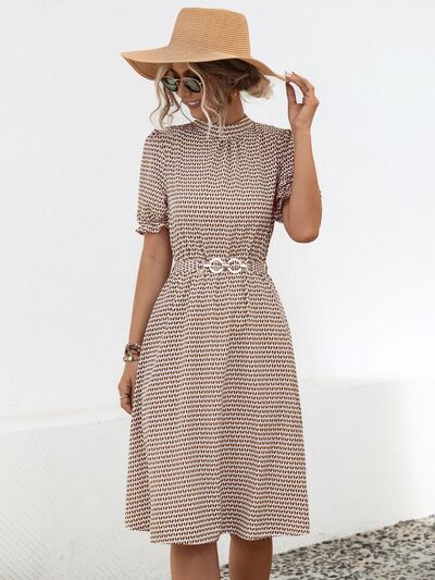 Printed Mock Neck Flounce Sleeve Dress - Charming Charlie