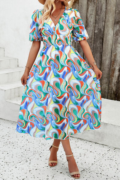 Smocked Printed V-Neck Short Sleeve Dress - Charming Charlie
