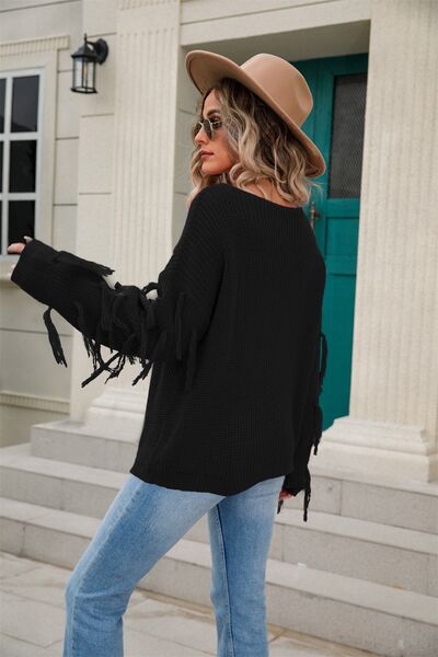 Fringe Round Neck Dropped Shoulder Sweater - Charming Charlie