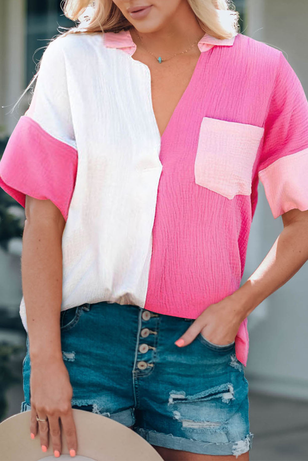 Color Block Textured Johnny Collar Blouse - Charming Charlie