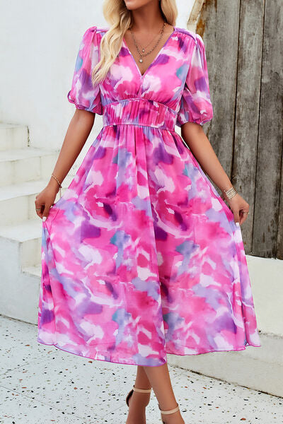 Smocked Printed V-Neck Short Sleeve Dress - Charming Charlie